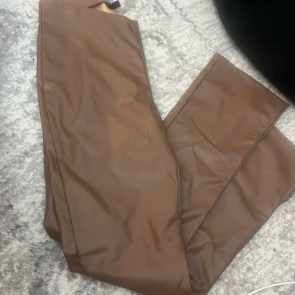 Brown Faux Leather Pants - V waistline